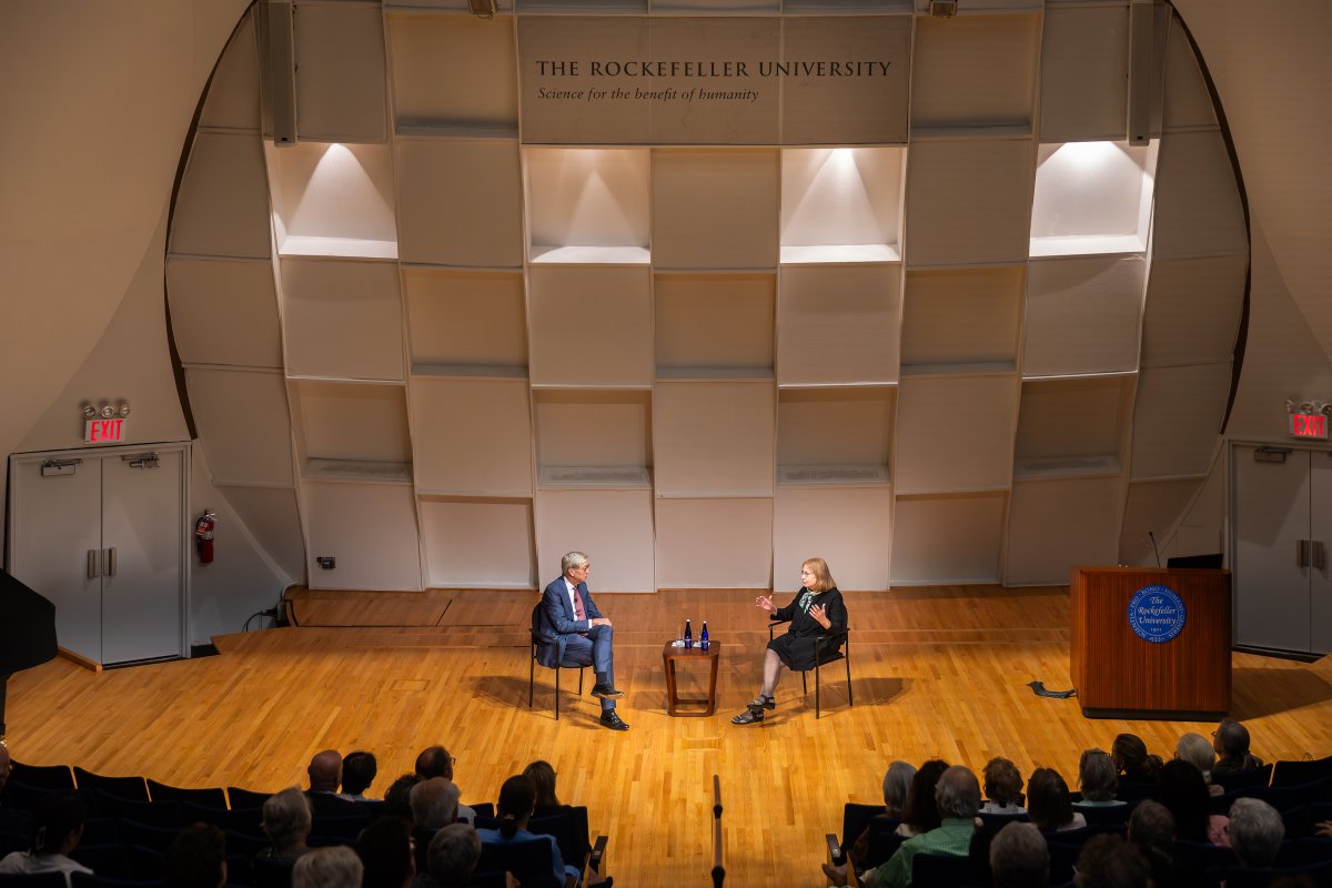 Scientific discussion in Caspary Auditorium, the Rockefeller University